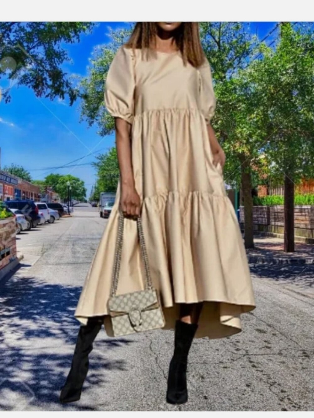 Zara Asymmetric Poplin Midi Dress Puff Sleeves Tiered Tan Camel - Size S